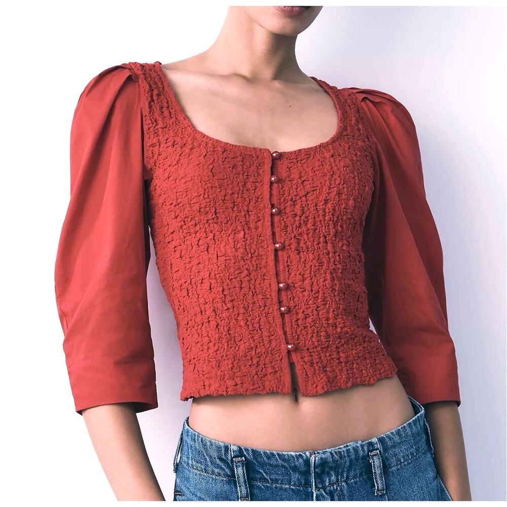 Anthropologie Red Smocked Cardigan Top Button Blouse Tagged XL Fits Like M / L - Picture 2 of 16